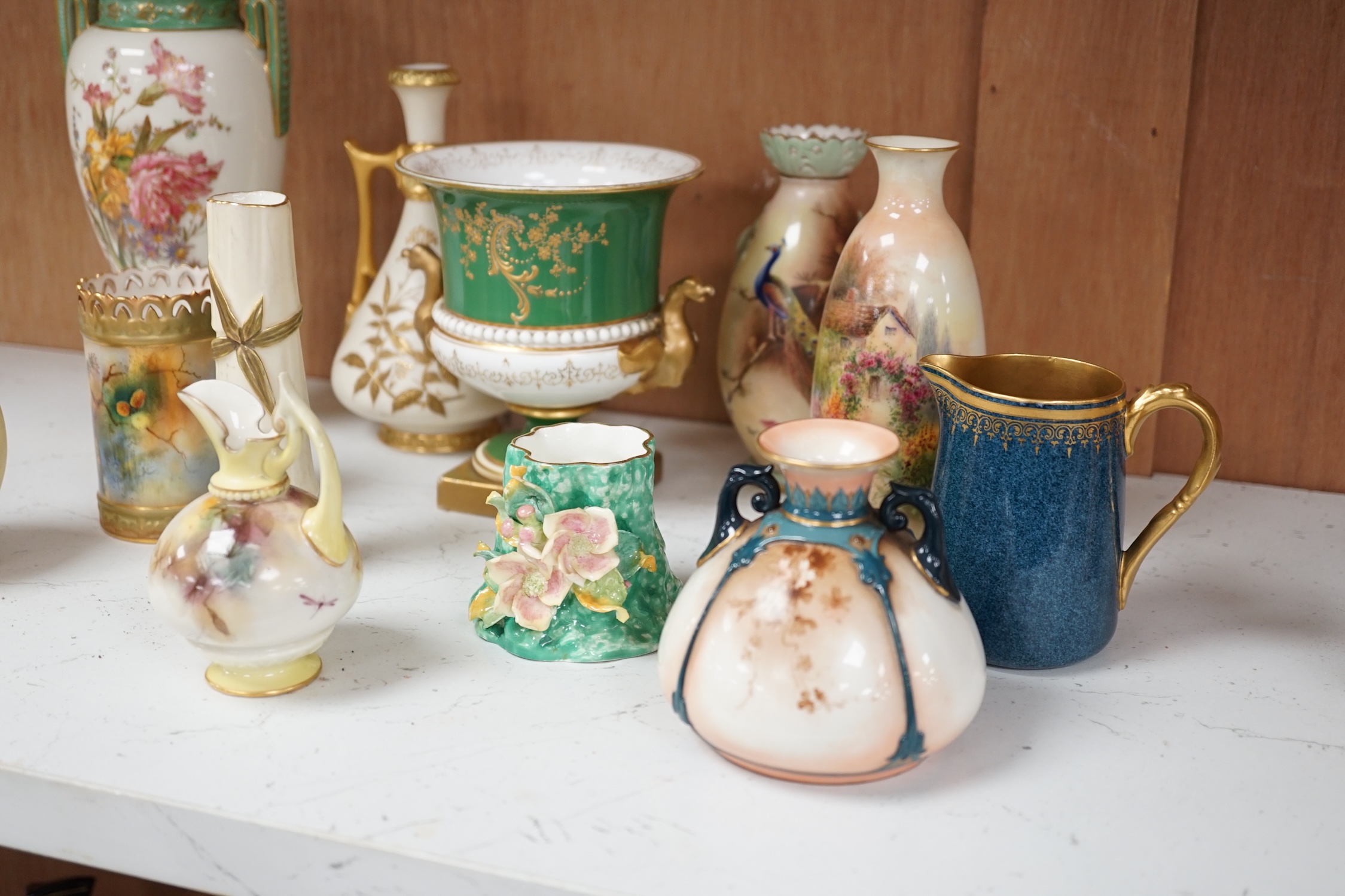 Twelve Worcester ornamental items, including Hadley's and Locke, tallest jar and cover 21cm high (12). Condition - fair, some small chips to floral encrusted vase